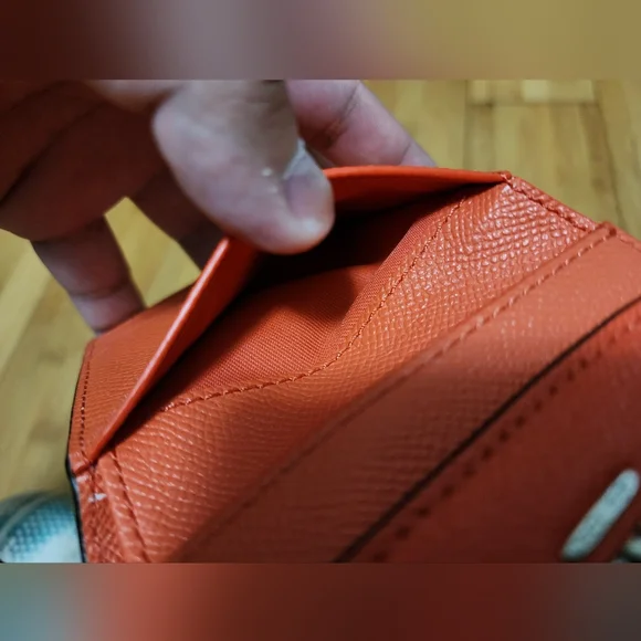 Coach Trifold Snap Small Wallet Coin Orange Crossgrain Pebbled Leather Zipper - Picture 6 of 11